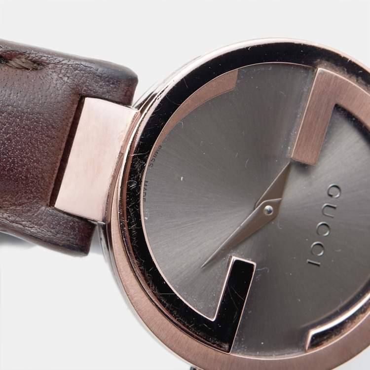 Pre Owned Gucci Brown Ion Plated Stainless Steel Leather Interlocking G 133.5 Women's Wristwatch 29 mm