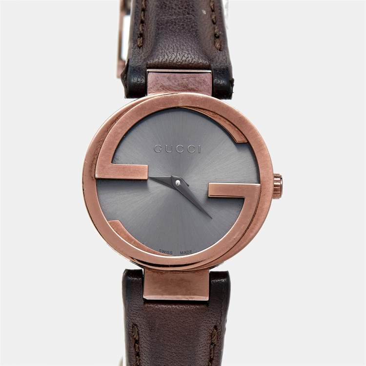 Pre Owned Gucci Brown Ion Plated Stainless Steel Leather Interlocking G 133.5 Women's Wristwatch 29 mm