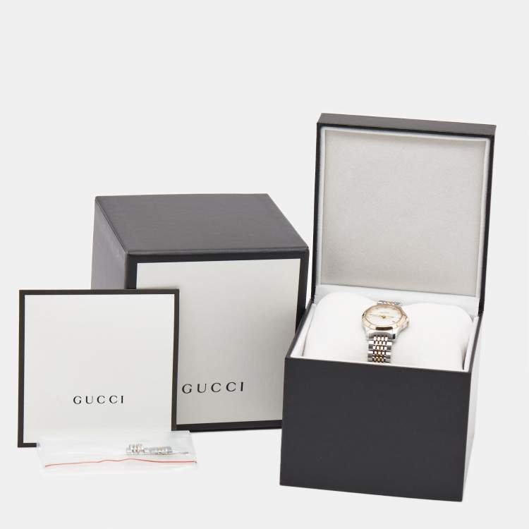 Pre Owned Gucci Mother of Pearl Two-Tone Stainless Steel Diamonds G-Timeless YA126514 Women's Wristwatch 27 mm