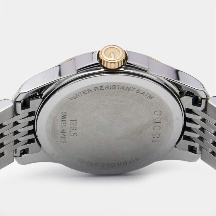 Pre Owned Gucci Mother of Pearl Two-Tone Stainless Steel Diamonds G-Timeless YA126514 Women's Wristwatch 27 mm