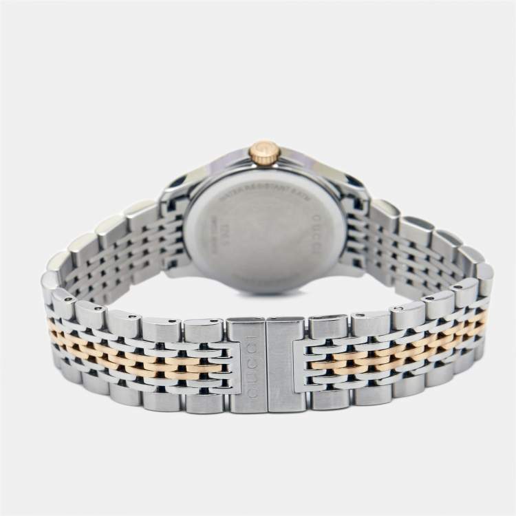Pre Owned Gucci Mother of Pearl Two-Tone Stainless Steel Diamonds G-Timeless YA126514 Women's Wristwatch 27 mm