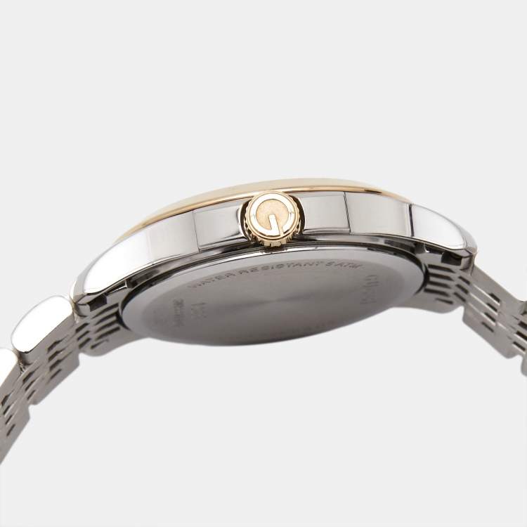 Pre Owned Gucci Mother of Pearl Two-Tone Stainless Steel Diamonds G-Timeless YA126514 Women's Wristwatch 27 mm