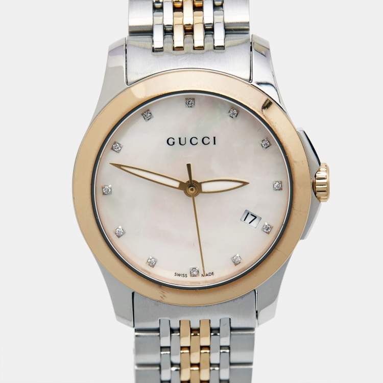 Pre Owned Gucci Mother of Pearl Two-Tone Stainless Steel Diamonds G-Timeless YA126514 Women's Wristwatch 27 mm