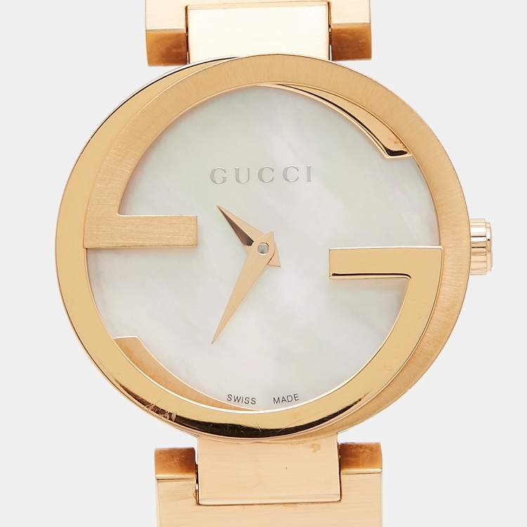 Pre Owned Gucci Mother Of Pearl Rose Gold Tone Stainless Steel Interlocking YA133515 Women's Wristwatch 29 mm
