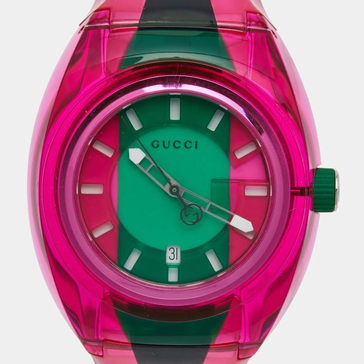 Pre Owned Gucci Green/Pink Nylon Rubber Sync YA137115 Women's Wristwatch 46 mm