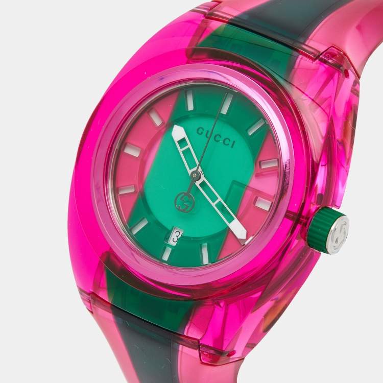 Pre Owned Gucci Green/Pink Nylon Rubber Sync YA137115 Women's Wristwatch 46 mm