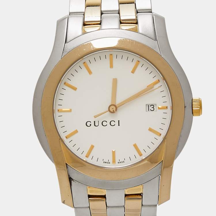 Pre Owned Gucci White Two Tone Stainless Steel 5500XL YA055216 Unisex Wristwatch 38 mm 