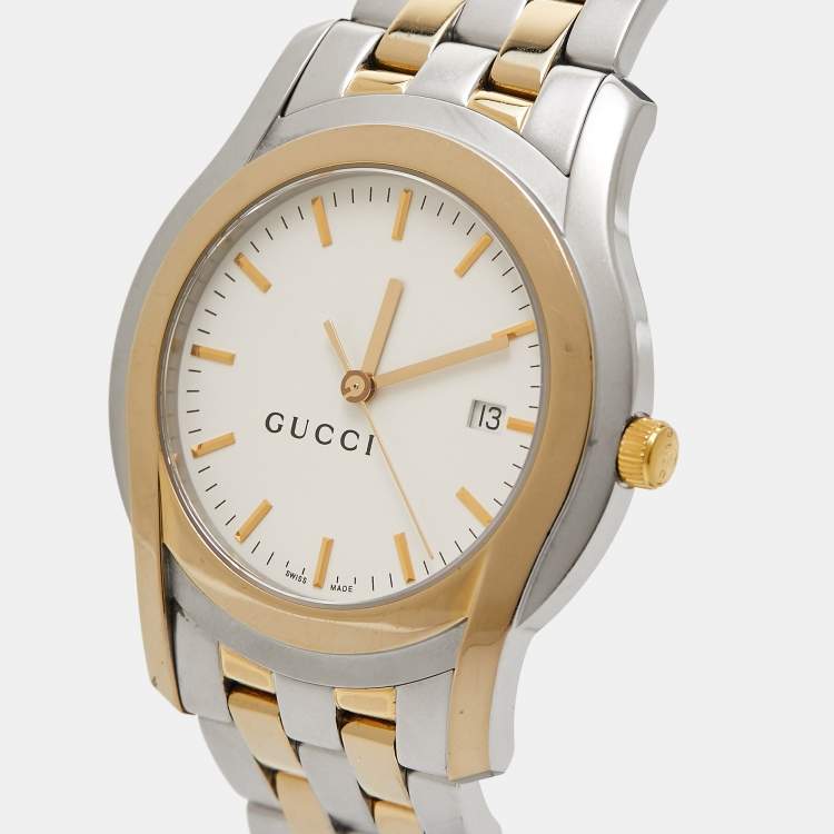 Pre Owned Gucci White Two Tone Stainless Steel 5500XL YA055216 Unisex Wristwatch 38 mm 