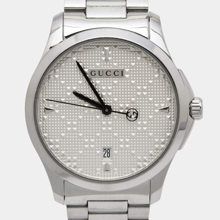 Pre Owned Gucci Silver Stainless Steel G-Timeless Diamante YA1264024 Women's Wristwatch 38 mm