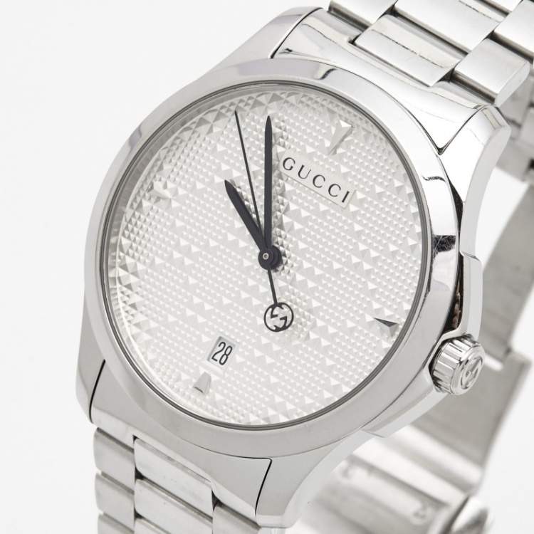 Pre Owned Gucci Silver Stainless Steel G-Timeless Diamante YA1264024 Women's Wristwatch 38 mm