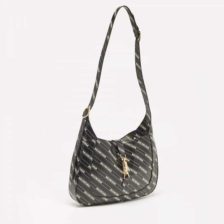 Pre Owned Gucci x Balenciaga Black/White Leather Medium The Hacker Project Jackie 1961 Hobo