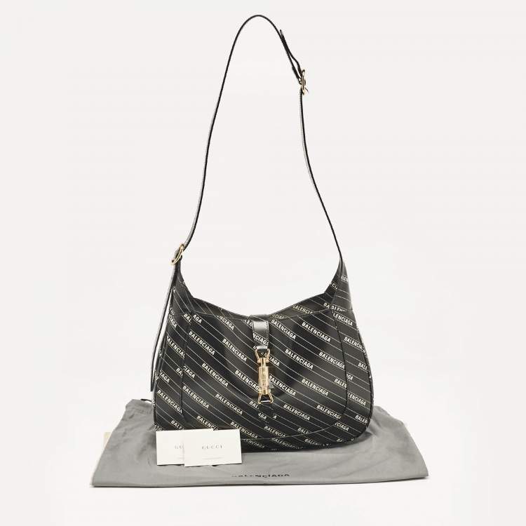 Pre Owned Gucci x Balenciaga Black/White Leather Medium The Hacker Project Jackie 1961 Hobo
