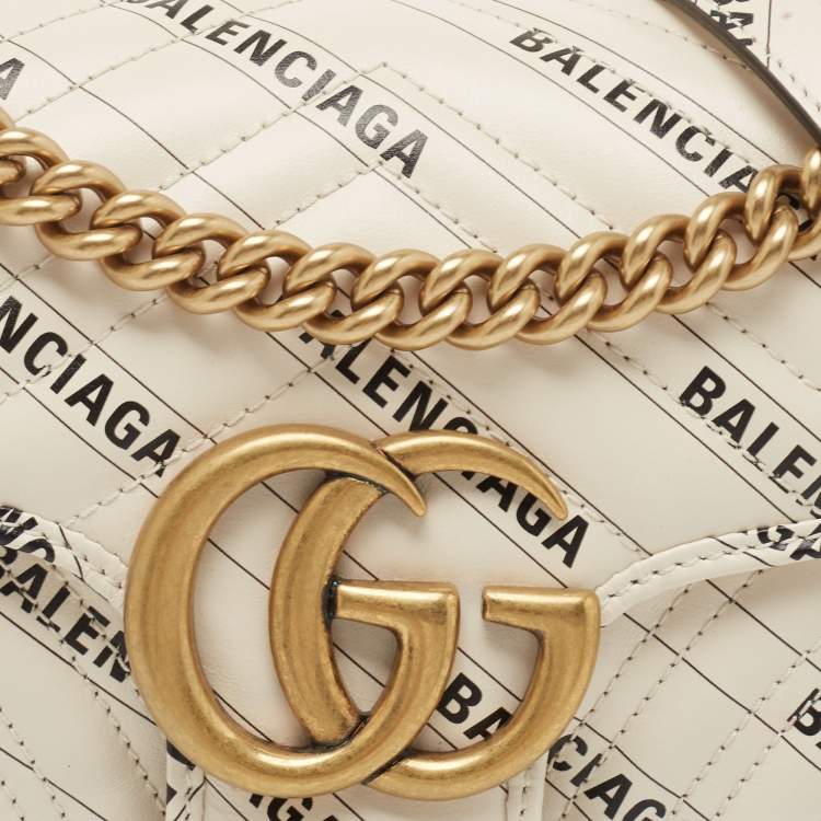 Pre Owned Gucci x Balenciaga Off White/Black Matelassé Leather GG Marmont The Hacker Project Bag