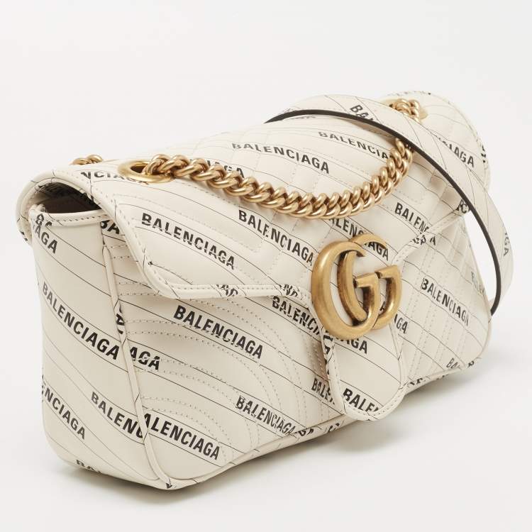 Pre Owned Gucci x Balenciaga Off White/Black Matelassé Leather GG Marmont The Hacker Project Bag