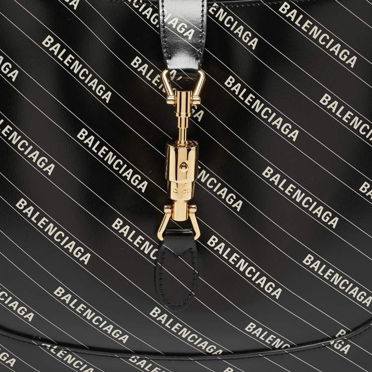Pre Owned Gucci x Balenciaga Black/White Leather Medium The Hacker Project Jackie 1961 Hobo
