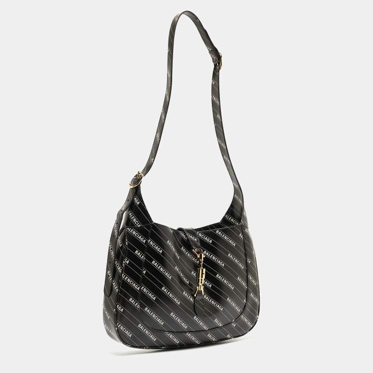 Pre Owned Gucci x Balenciaga Black/White Leather Medium The Hacker Project Jackie 1961 Hobo