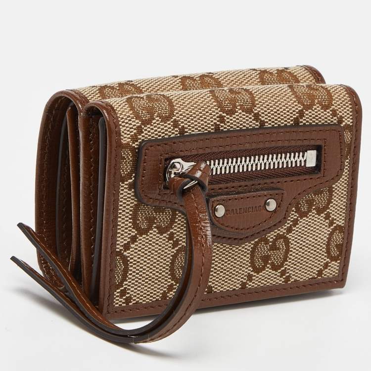 Pre Owned Gucci x Balenciaga Beige GG Canvas and Leather Trifold Wallet