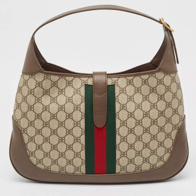 Pre Owned Gucci x Balenciaga Beige/Brown BB Supreme Canvas and Leather Medium Jackie 1961 Hobo