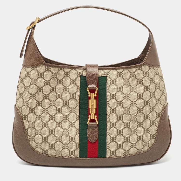 Pre Owned Gucci x Balenciaga Beige/Brown BB Supreme Canvas and Leather Medium Jackie 1961 Hobo