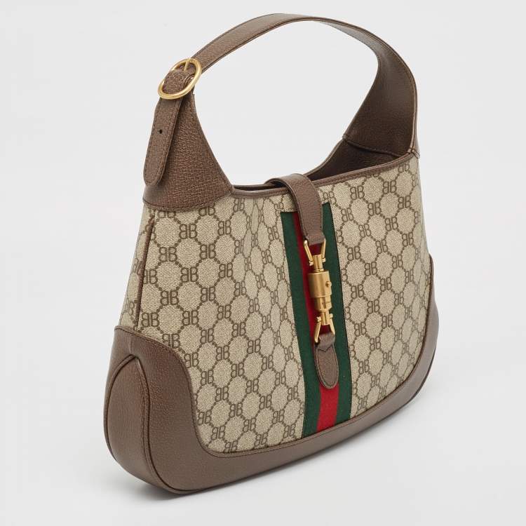 Pre Owned Gucci x Balenciaga Beige/Brown BB Supreme Canvas and Leather Medium Jackie 1961 Hobo