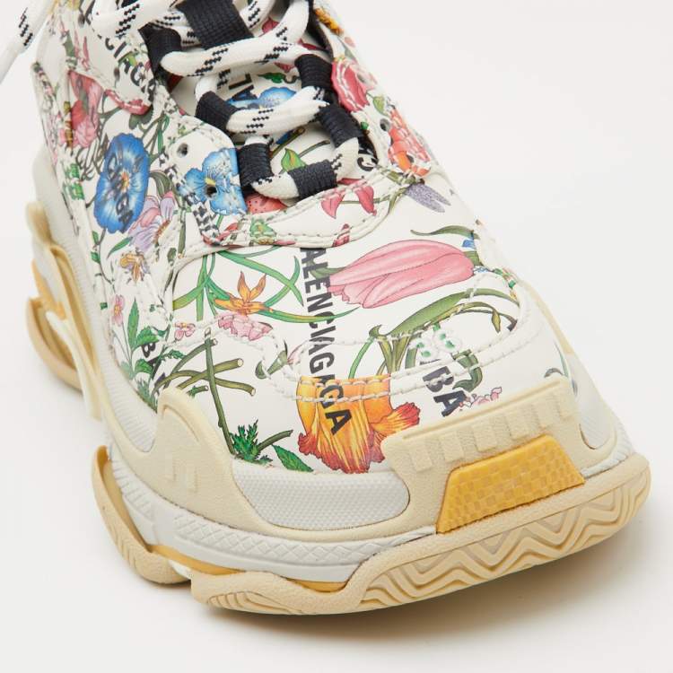 Pre Owned Gucci x Balenciaga Cream Floral Print Leather The Hacker Project Triple S Sneakers Size 36