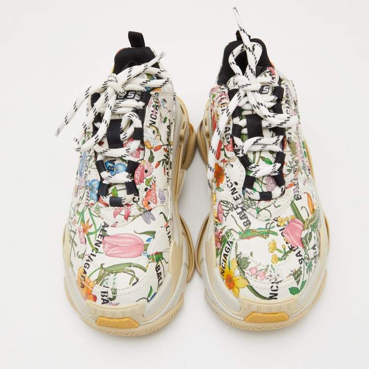 Pre Owned Gucci x Balenciaga Cream Floral Print Leather The Hacker Project Triple S Sneakers Size 36
