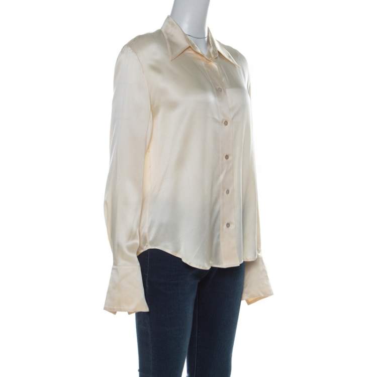 Pre Owned Guy Laroche Paris Collection Vintage Cream Silk Satin Button Front Shirt L 