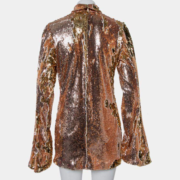 Pre Owned Halpern Gold Sequin Embellished Knit Bell Sleeve Detail Mini Dress S