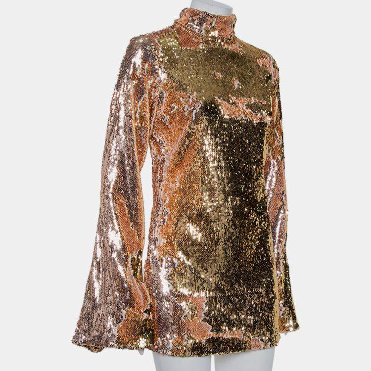 Pre Owned Halpern Gold Sequin Embellished Knit Bell Sleeve Detail Mini Dress S