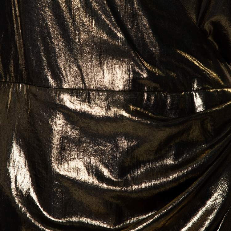 Pre Owned Haney Metallic Gold Lame' Faux Wrap Asymmetrical Hem Dress M