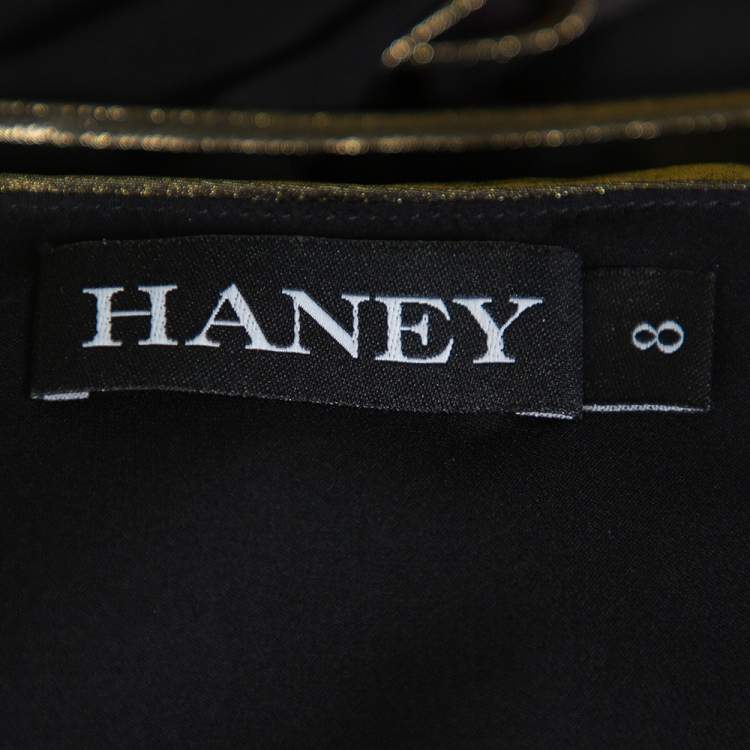 Pre Owned Haney Metallic Gold Lame' Faux Wrap Asymmetrical Hem Dress M