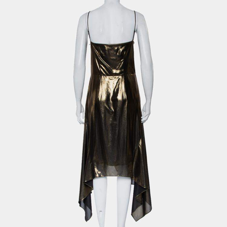 Pre Owned Haney Metallic Gold Lame' Faux Wrap Asymmetrical Hem Dress M