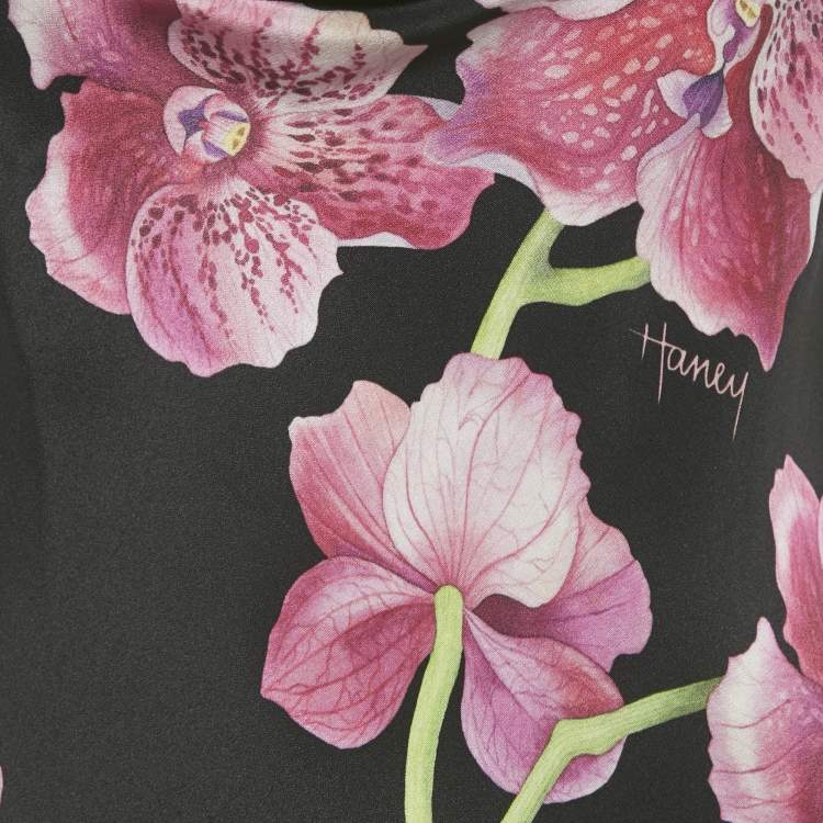 Pre Owned Haney Black Floral Print Silk Cowl Neck Slip Dress M