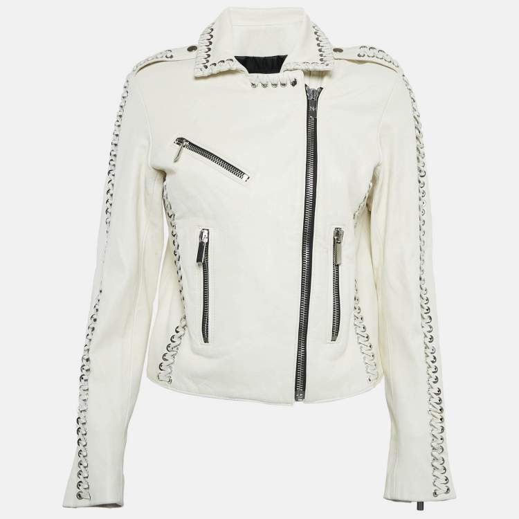 Pre Owned Nour Hammour White Leather Lace-Up Detail Jacket S
