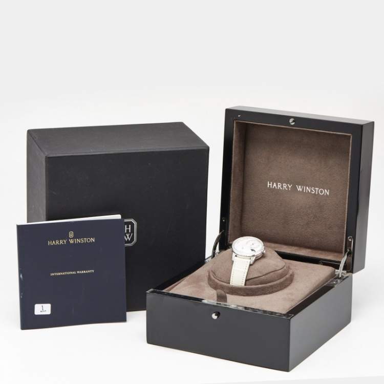 Pre Owned Harry Winston Midnight Date Moon Phase MIDAMP36WW001 Mother Of Pearl Diamond 18K White Gold Alligator Leather Women's Wristwatch 36 mm