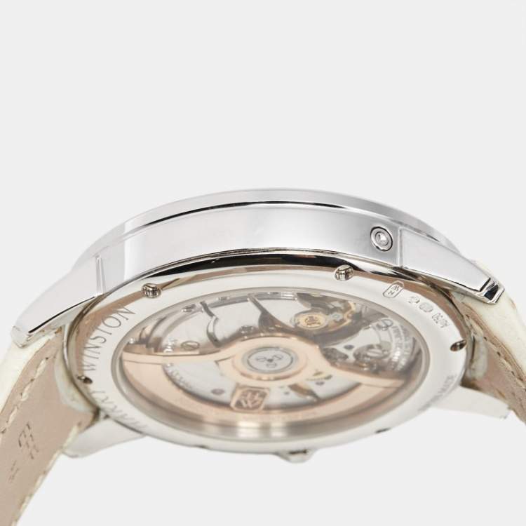 Pre Owned Harry Winston Midnight Date Moon Phase MIDAMP36WW001 Mother Of Pearl Diamond 18K White Gold Alligator Leather Women's Wristwatch 36 mm