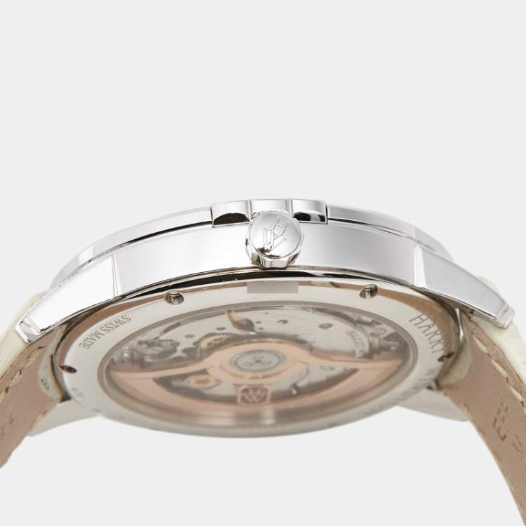Pre Owned Harry Winston Midnight Date Moon Phase MIDAMP36WW001 Mother Of Pearl Diamond 18K White Gold Alligator Leather Women's Wristwatch 36 mm