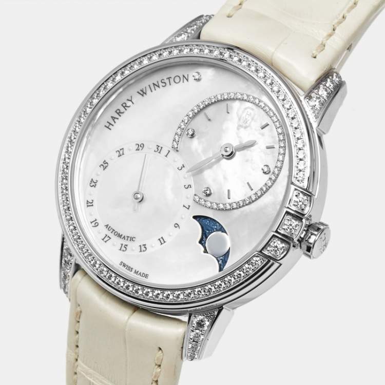 Pre Owned Harry Winston Midnight Date Moon Phase MIDAMP36WW001 Mother Of Pearl Diamond 18K White Gold Alligator Leather Women's Wristwatch 36 mm