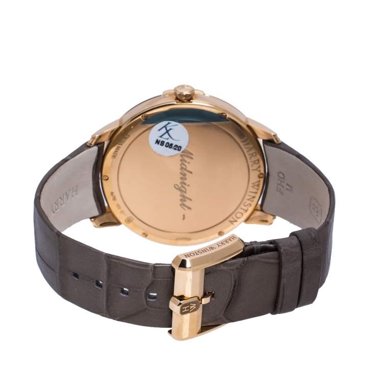 Pre Owned Harry Winston Chocolate  Brown Mother of Pearl 18K Rose Gold Diamond Alligator Leather Midnight MIDQMP39RR004 Women's Wristwatch 39 mm