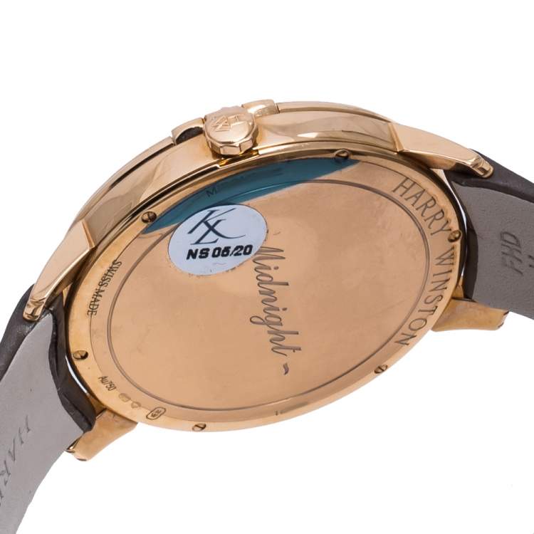 Pre Owned Harry Winston Chocolate  Brown Mother of Pearl 18K Rose Gold Diamond Alligator Leather Midnight MIDQMP39RR004 Women's Wristwatch 39 mm