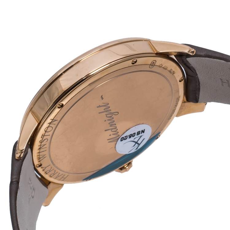 Pre Owned Harry Winston Chocolate  Brown Mother of Pearl 18K Rose Gold Diamond Alligator Leather Midnight MIDQMP39RR004 Women's Wristwatch 39 mm