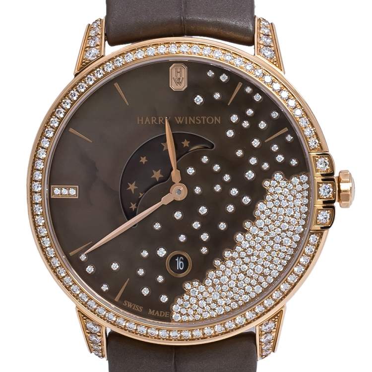 Pre Owned Harry Winston Chocolate  Brown Mother of Pearl 18K Rose Gold Diamond Alligator Leather Midnight MIDQMP39RR004 Women's Wristwatch 39 mm