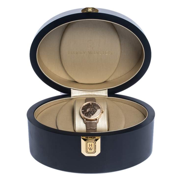 Pre Owned Harry Winston Chocolate  Brown Mother of Pearl 18K Rose Gold Diamond Alligator Leather Midnight MIDQMP39RR004 Women's Wristwatch 39 mm