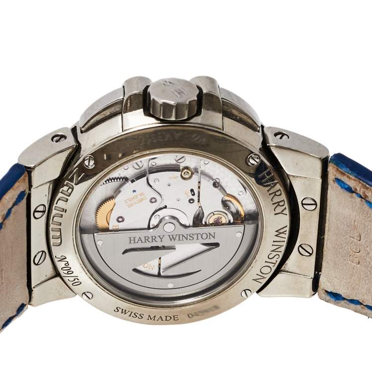 Pre Owned Harry Winston Silver Zalium Leather Diamond Ocean Lady Z Moonphase 400-UAMP36Z Women's Wristwatch 35 mm