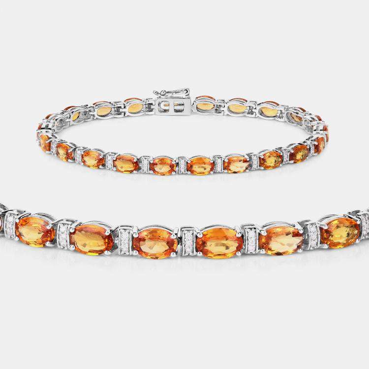 Pre Owned 16.50 cts Orange Sapphire and Diamond 14K White Gold Tennis Bracelet