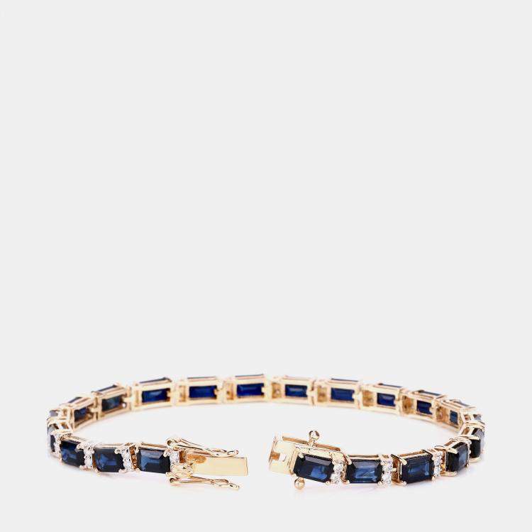 مملوكة مسبقًا 12.18 cts Blue Sapphire and Diamond 14K Yellow Gold Tennis Bracelet