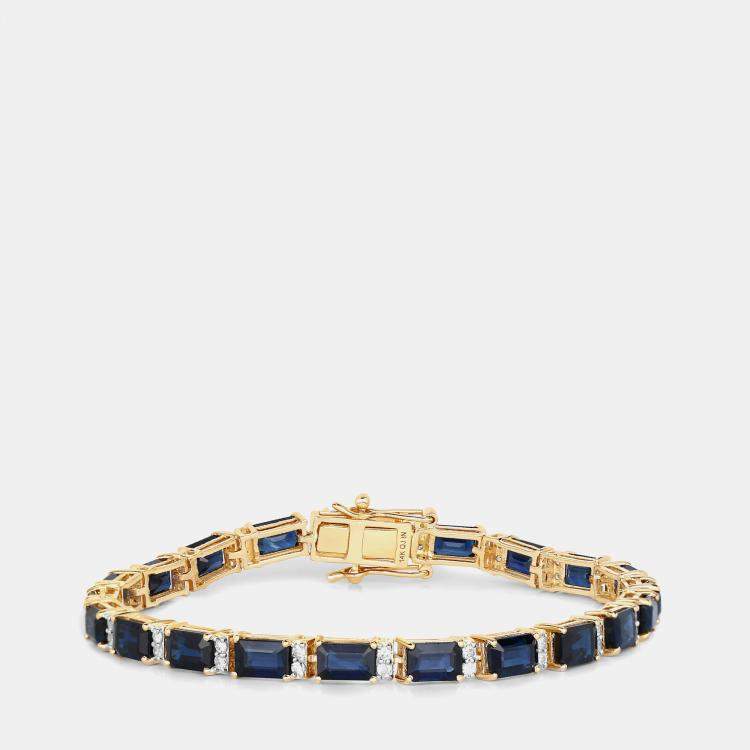 مملوكة مسبقًا 12.18 cts Blue Sapphire and Diamond 14K Yellow Gold Tennis Bracelet