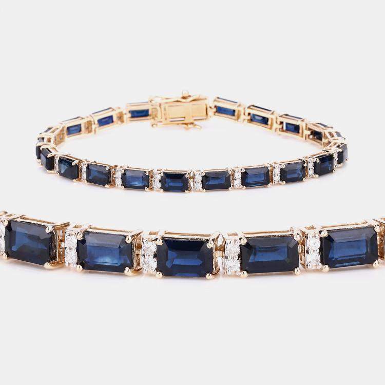 مملوكة مسبقًا 12.18 cts Blue Sapphire and Diamond 14K Yellow Gold Tennis Bracelet
