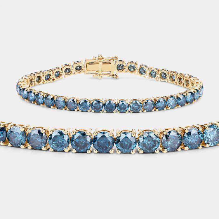 Pre Owned 14.33 cts Blue Diamond 14K Yellow Gold Tennis Bracelet