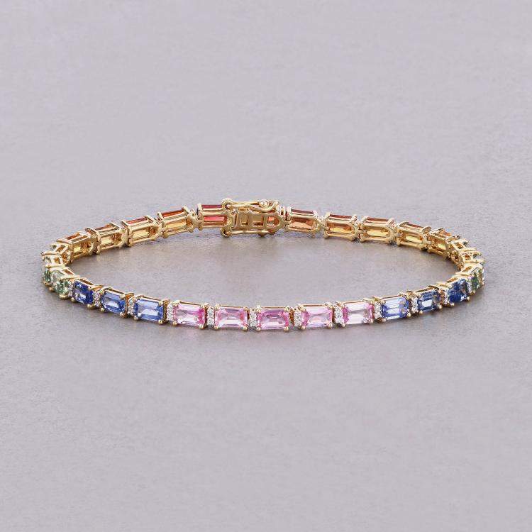 مملوكة مسبقًا 10.19 cts Multi Sapphire and Diamond 14K Yellow Gold Tennis Bracelet 7.25 Inches